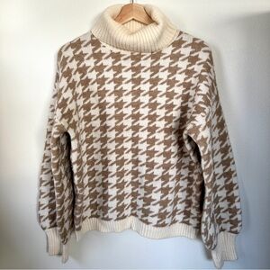 Love Token Houndstooth Turtleneck Sweater Neutral Tan Cream Size S
